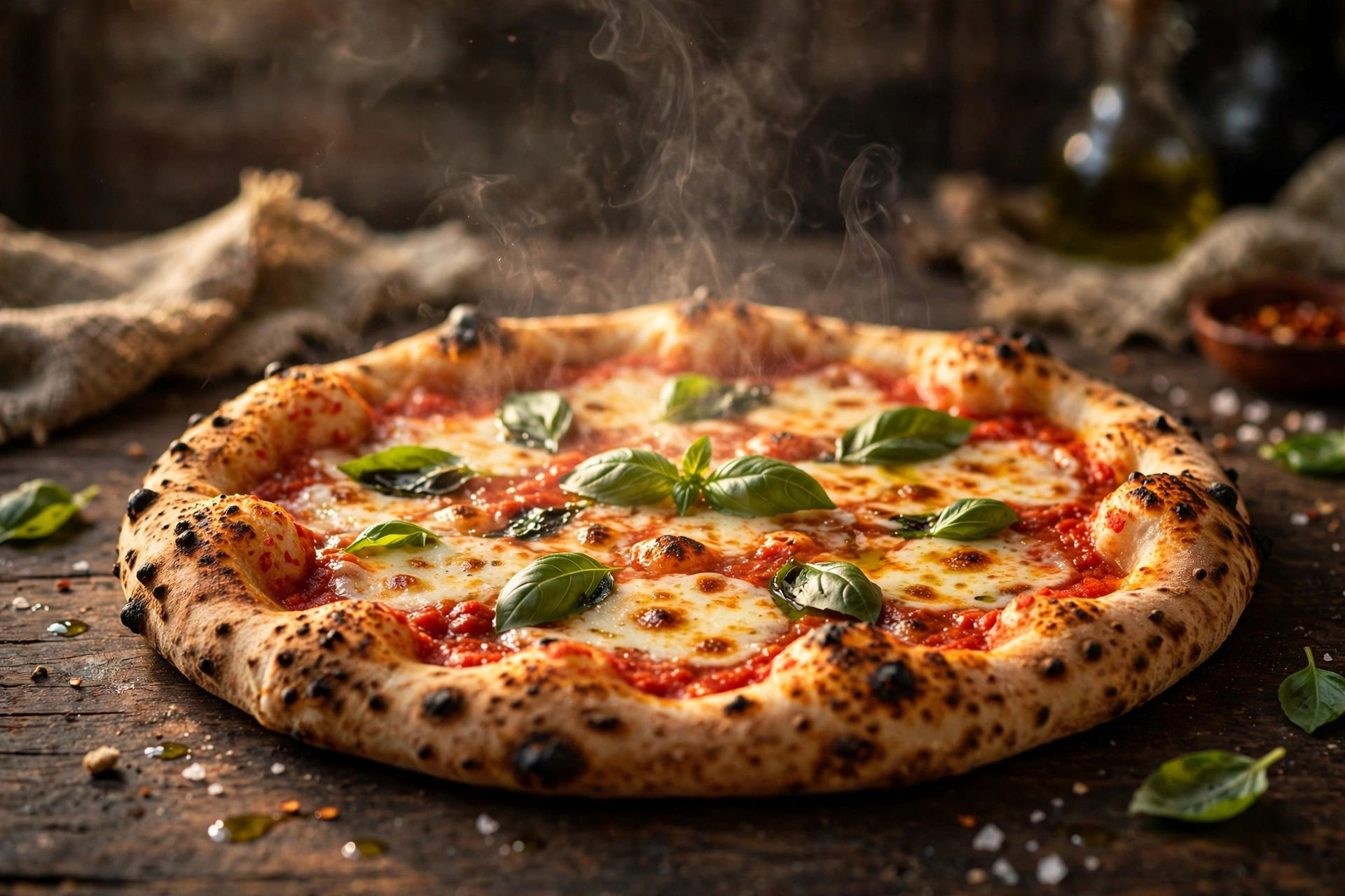 Wood-fired pizza with fresh basil