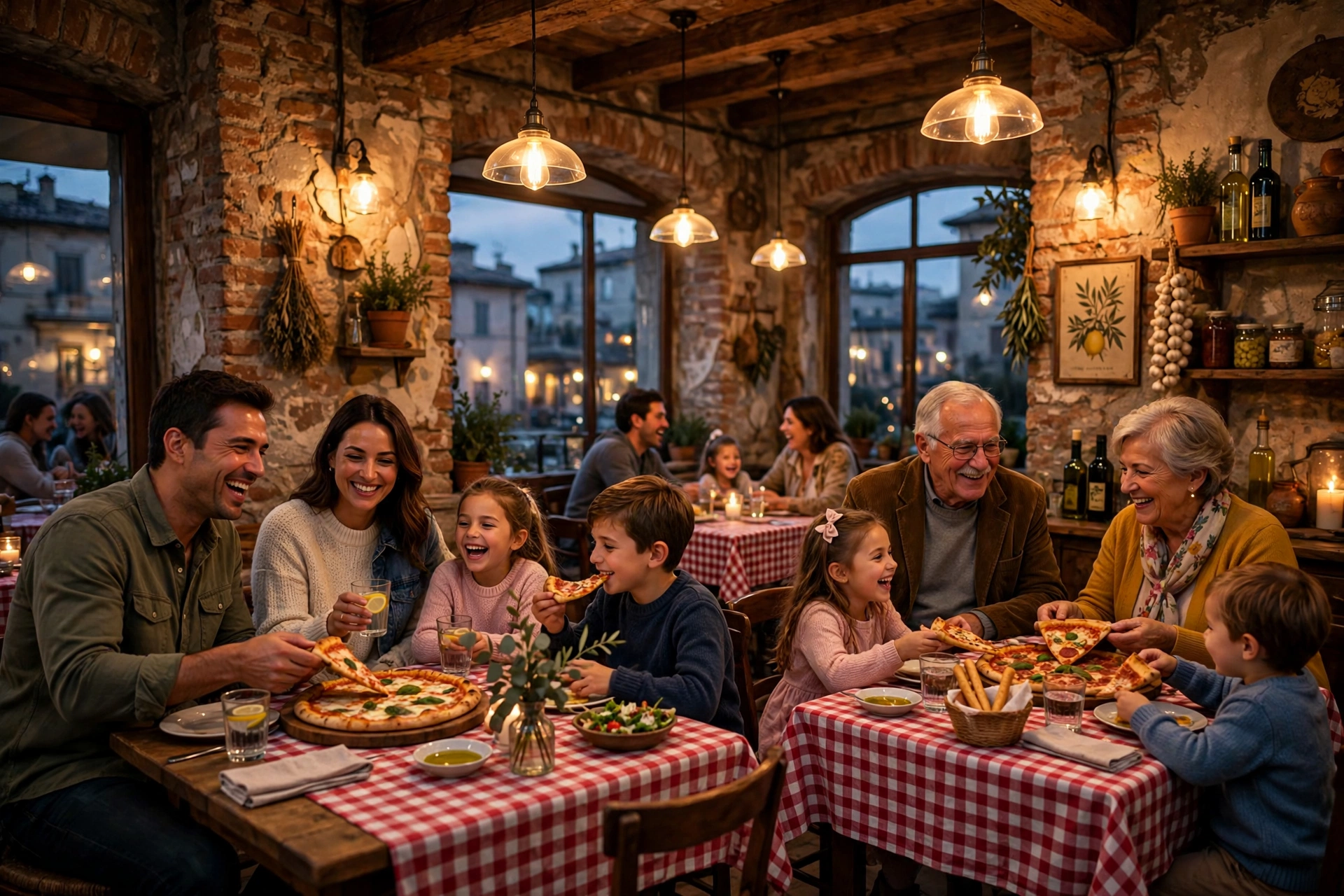 Warm family trattoria dining room